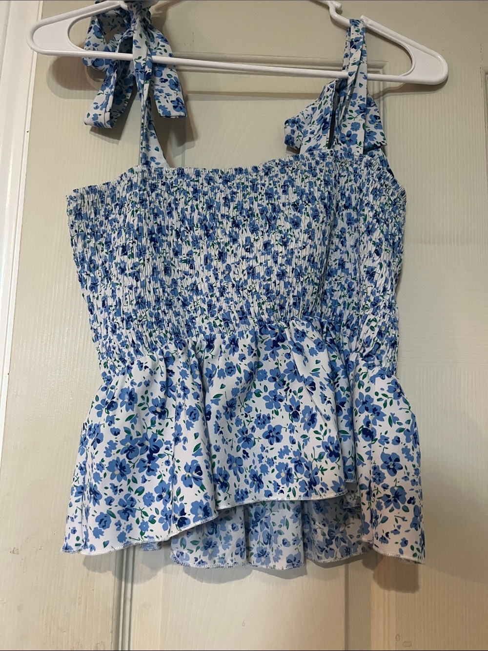 Blue Floral Smocked Tie-Shoulder Peplum Top
